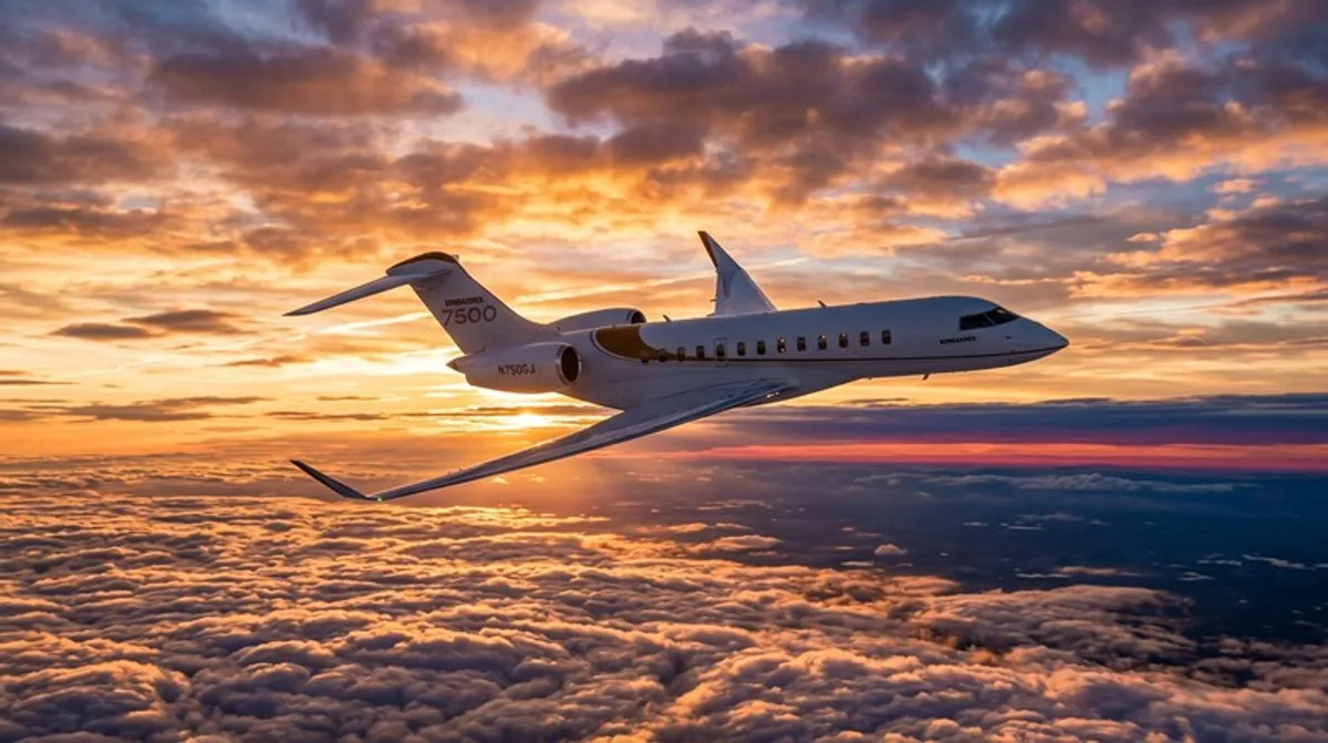 Bombardier Global 7500 im Flug bei Sonnenuntergang