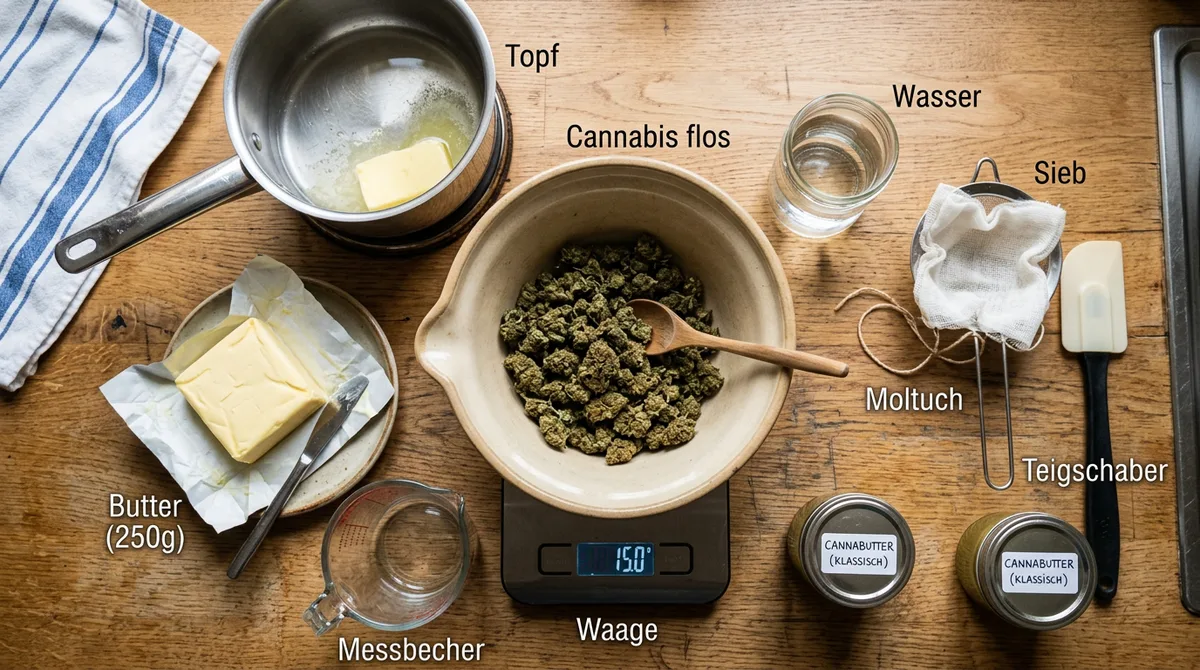 Infused keuken: Cannabis in boter, olie, honing & drankjes Cannabutter Zutaten in Schüssel, Draufsicht Los Angeles Style